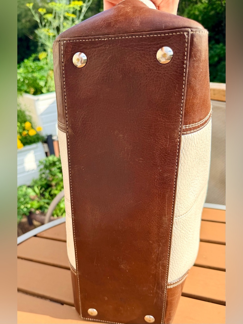 Coach Hamptons Ivory Pebbled Leather Tote Shoulder Bag Brown Trim F13960 Large - Picture 5 of 11